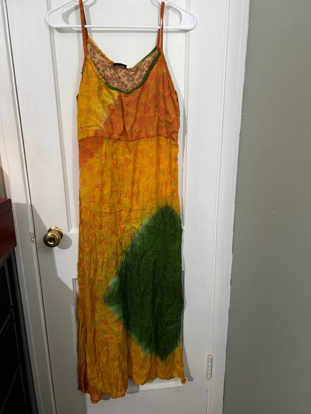 Boho Yellow Maxi Slip Dress with Green Accent